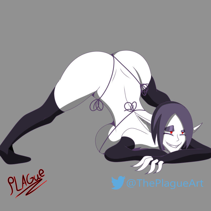 1girls big_ass big_breasts breasts elf_ears female female_only fingerless_gloves jackochallenge jackopose missi_spiderwebs pointy_ears purple_hair red_eyes sharp_teeth side-tie_bikini side-tie_panties sideboob smile socks solo solo_female the_vampair_series theplagueart thick_thighs vampire