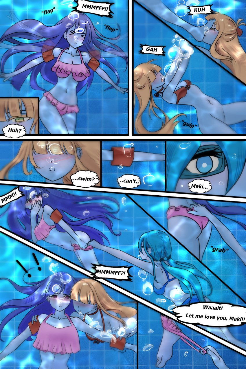 3girls air_bubbles big_breasts bikini blonde_hair blue_eyes blue_hair exposed grabbing grabbing_leg marima666_(artist) medium_breasts pool sinking small_breasts swimming_pool underwater water