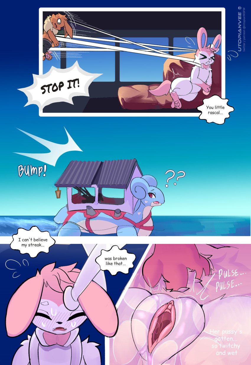 absurd_res after_sex animal_genitalia animal_penis black_clothing black_legwear bodily_fluids closed_eyes clothing coiled_up comic dialogue duo eevee eeveelution eti_(utopianvee) female feral fur generation_1_pokemon generation_6_pokemon genitals hand_on_pussy hi_res jenny_(utopian_vee) lapras larger_female larger_penetrated legwear male male/female nintendo not_happy penetration penis pinned pinned_to_wall pokemon pokemon_(species) ribbons shiny_pokemon size_difference small_top_big_bottom smaller_male speech_bubble sweat sweat_drip sylveon utopianvee vulva
