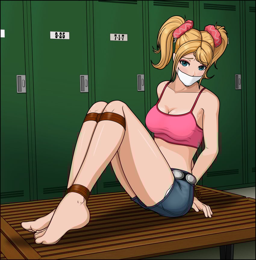 1girls abandonment_play alternate_version_at_source alternate_version_available barefoot belt blue_eyes blush bondage bound_legs bound_wrists cleavage feet female female_only gagged grasshopper_manufacture juliet_starling just_some_guy locker_room lollipop_chainsaw looking_at_viewer neglect_play no_shoes panties rope rope_bondage scared scrunchie shorts shorts_only solo solo_female sports_bra tied_up twintails worried worried_expression zettai_ryouiki
