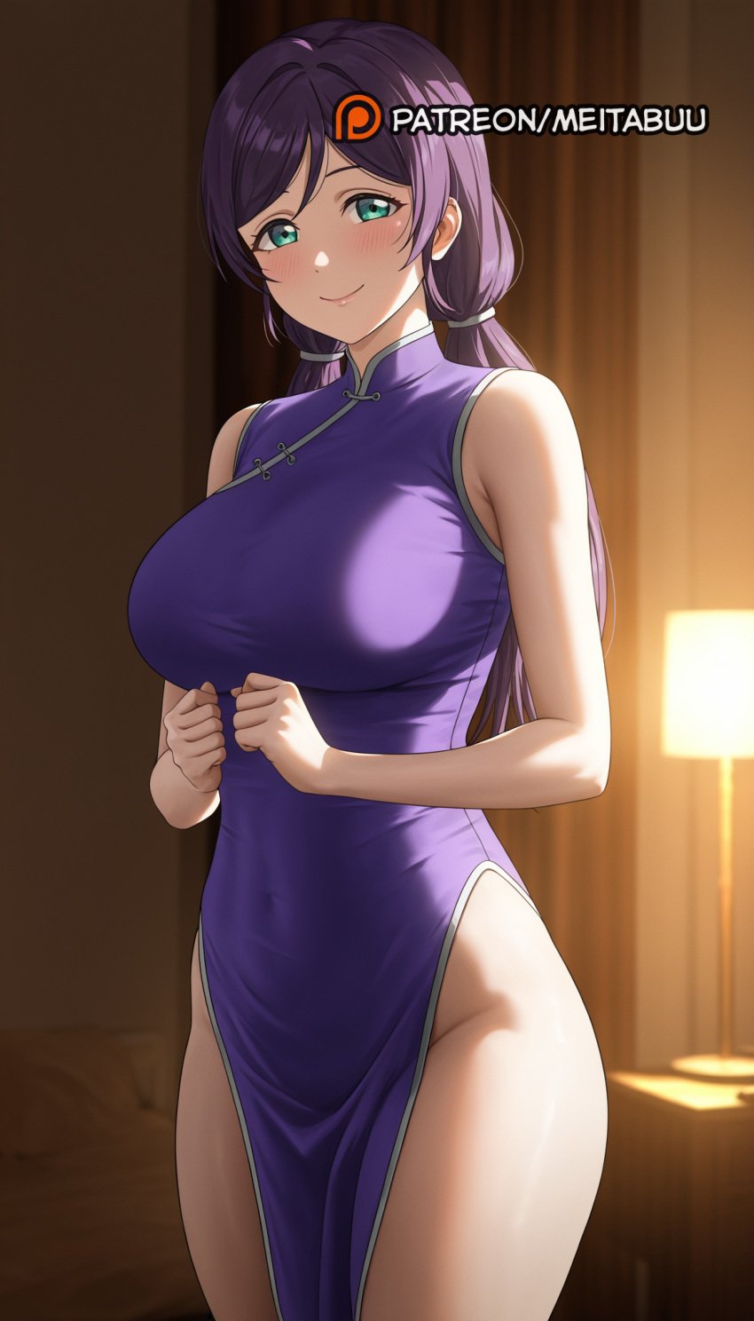 ai_generated aqua_eyes bare_arms bare_shoulders bed blush breasts china_dress chinese_clothes closed_mouth covered_navel cowboy_shot curtains desk_lamptoujou_nozomi dress female green_eyes groin indoors lamp large_breasts long_hair looking_at_viewer love_live! love_live!_school_idol_project low_twintails meitabuu no_panties parted_bangs pelvic_curtain purple_dress purple_hair side_slit sleeveless sleeveless_dress smile solo standing taut_clothes taut_dress thighs toujou_nozomi twintails