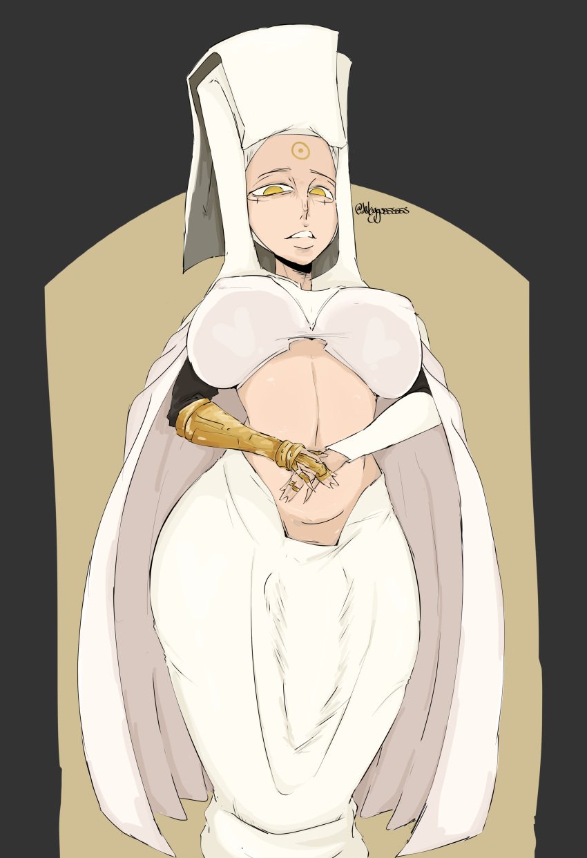 1girls bulge bulge_through_clothing bulge_under_clothes cape crossed_hands enen_no_shouboutai exposed_torso face_markings female fire_force futanari gold gold_(enen_no_shouboutai) gold_(fire_force) gold_(metal) gold_eyes gold_jewelry gold_ring golden_eyes gown hat jeteggs large_breasts large_penis looking_at_viewer looking_down rings robe solo solo_female solo_focus waist