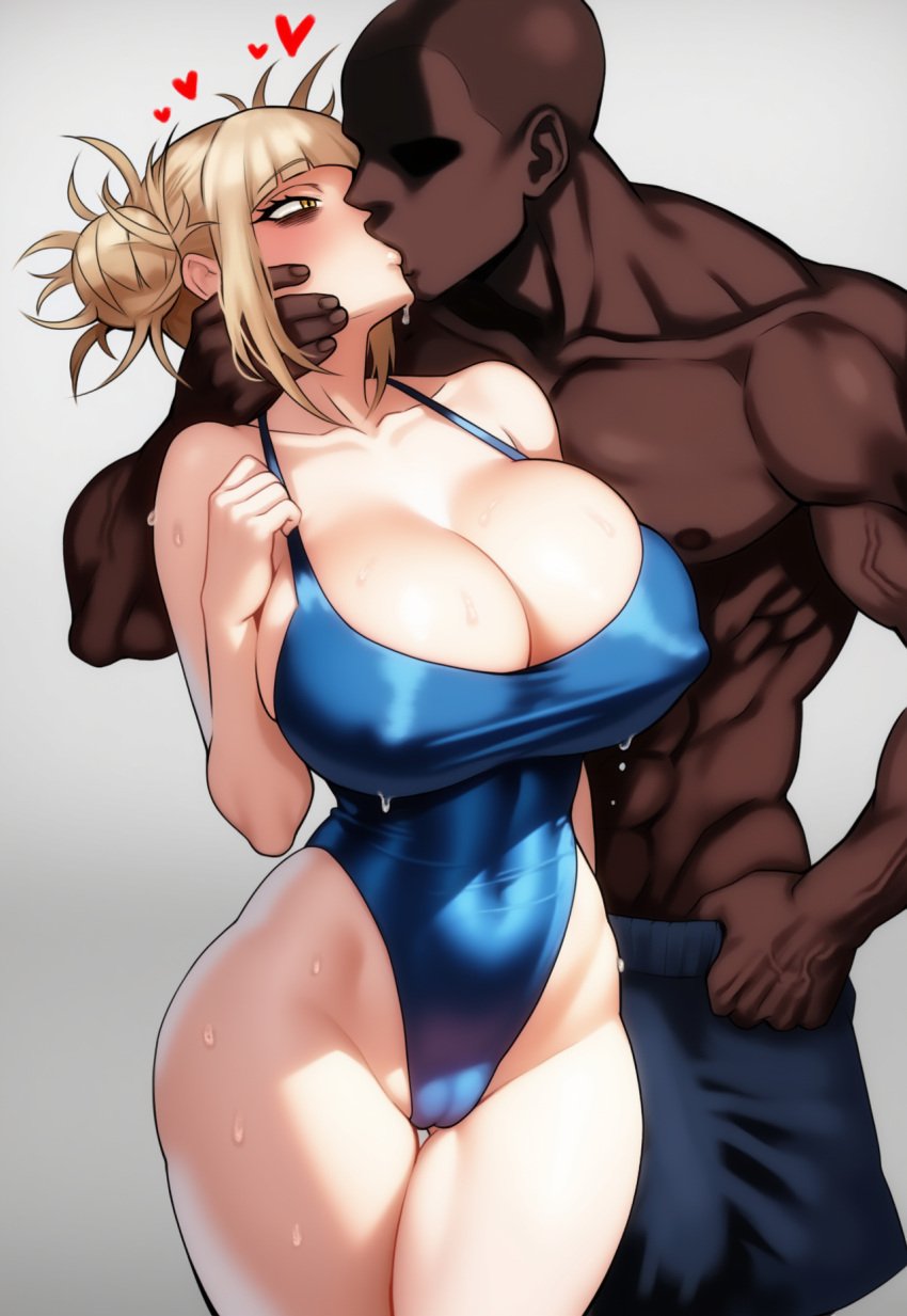 blonde_hair blush boku_no_hero_academia coomersucc dark-skinned_male dark_skin hearts_around_head himiko_toga hips huge_breasts huge_cock interracial kissing muscular_male my_hero_academia romantic size_difference swimsuit thick_thighs toga_himiko