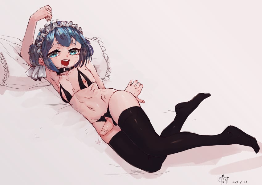 aqua_eyes black_bra black_legwear black_panties black_thighhighs blue_eyes blue_hair bra collar crossdressing crotch_cutout crotchless_panties drooling erection femboy girly heart-shaped_pupils lingerie looking_at_viewer made_in_abyss maid_headdress male male_only marulk nipple_cutout on_back on_bed open_mouth panties penis penis_out short_hair smile solo sweatdrop thighhighs tottototoro uncensored