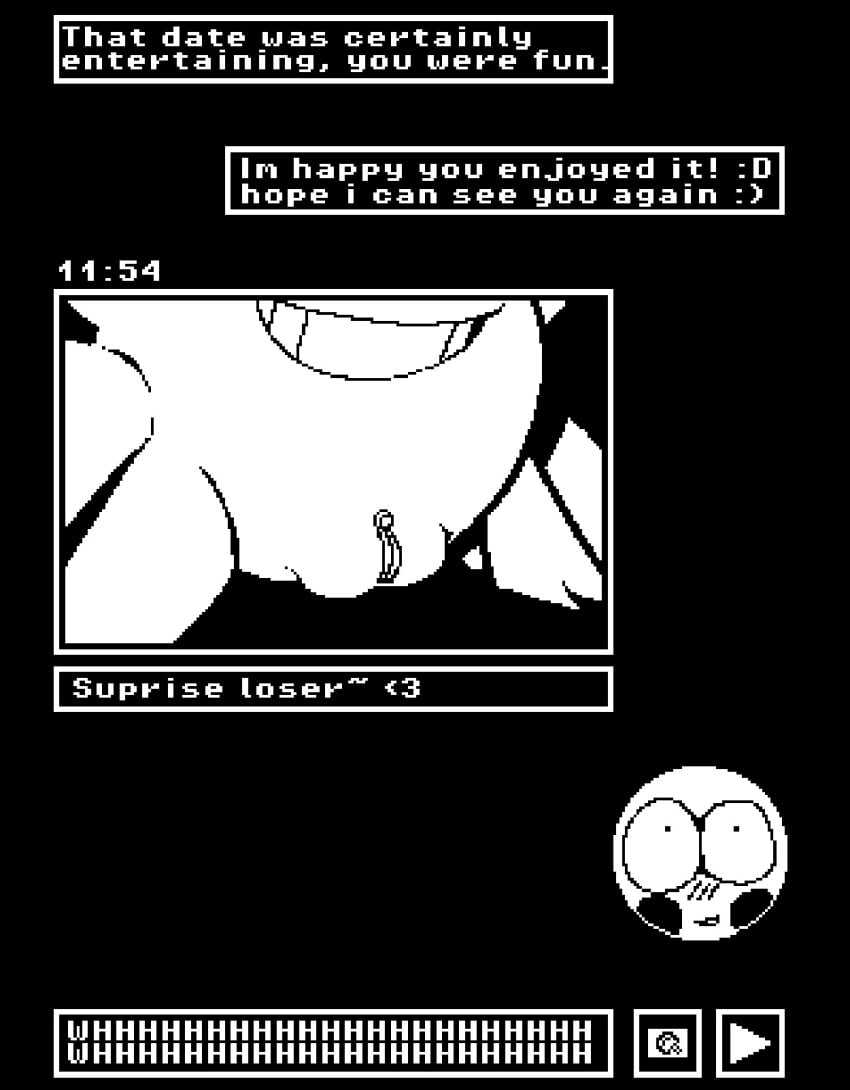1girl 1girls 2025 astigmatism black_and_white dialogue english english_text female female_only grin grinning message monochrome monster monster_girl no_humans non-human non-human_only pov pov_crotch pussy smile solo solo_female solo_focus tagme text text_message undertale undertale_(series) vagina vussybussy