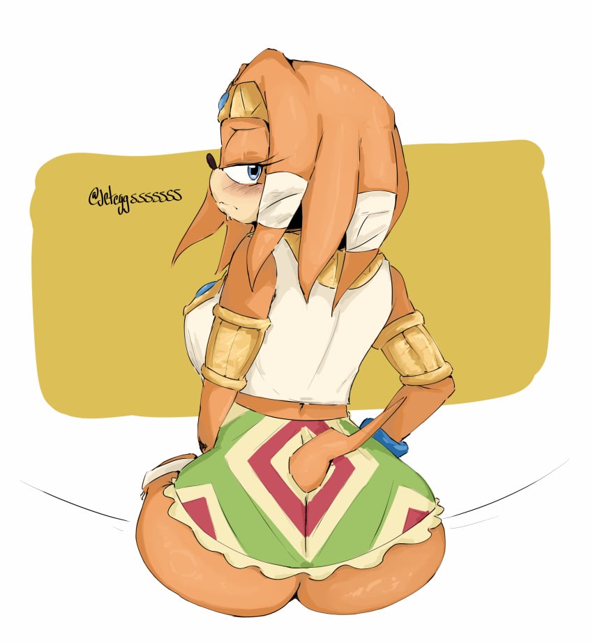 1girls anthro anthro_female armband ass ass_bigger_than_head ass_focus big_ass blush breasts crop_top female fully_clothed gold_(metal) gold_jewelry headband jeteggs jewelry large_ass large_breasts looking_back mobian mobian_(species) necklace solo solo_female solo_focus sonic_(series) sonic_the_hedgehog_(series) tail thick thick_ass thick_thighs tikal_the_echidna worried worried_expression