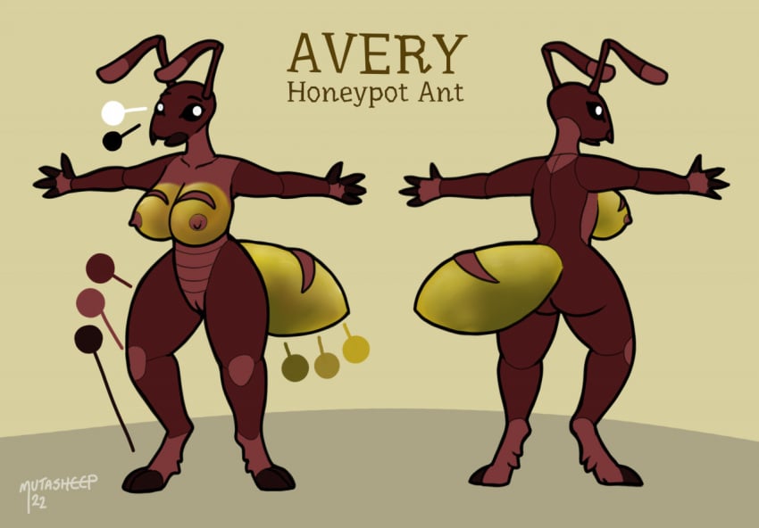 ant antennae_(anatomy) anthro arthropod arthropod_abdomen ass big_breasts breasts brown_body female front_row genitals honeypot_ant hymenopteran insects mandibles model_sheet nipples non-mammal_breasts nude pussy rear_view solo spread_arms standing yafath