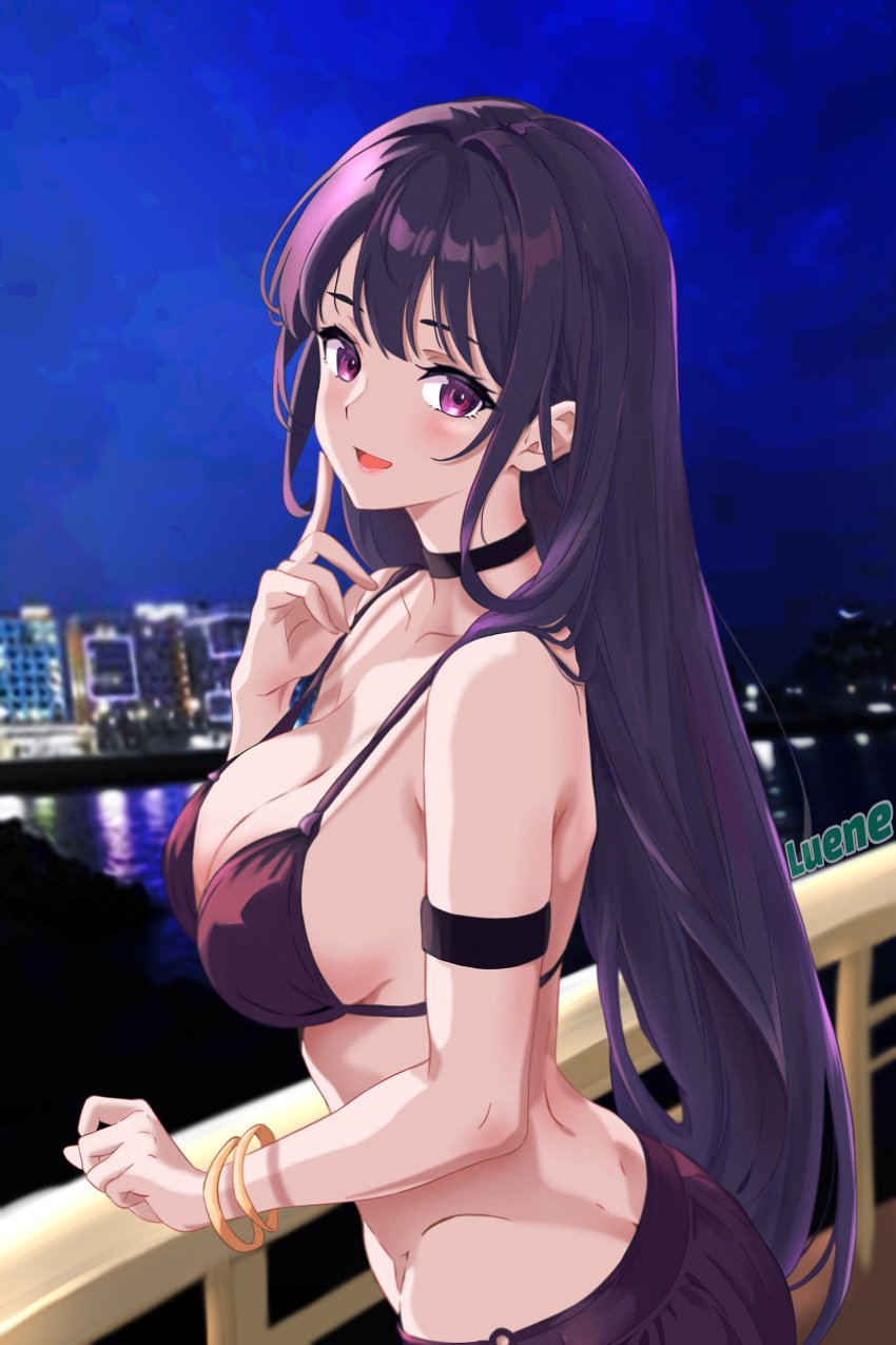 1girls bare_arms bare_back bare_belly bare_chest bare_hands bare_hips bare_midriff bare_navel bare_shoulders bare_skin big_breasts bikini bikini_bottom bikini_top blue_background bracelet breasts busty busty_female busty_girl choker cleavage collarbone elbows exposed_arms exposed_back exposed_belly exposed_chest exposed_hips exposed_midriff exposed_navel exposed_shoulders exposed_skin female female_focus female_only fingers hair_between_eyes halterneck high_resolution highres huge_breasts large_breasts lean_figure long_hair looking_at_viewer luene narrow_waist night night_background night_sky night_time open_mouth open_mouth_smile original original_art original_artwork original_character parted_lips plump_breasts purple_eyebrows purple_eyes purple_eyes_female purple_hair purple_hair_female shoulders sideboob slender_body slender_waist slim_waist smile smiley_face smiling smiling_at_viewer solo standing string_bikini swimsuit swimwear tongue upper_body