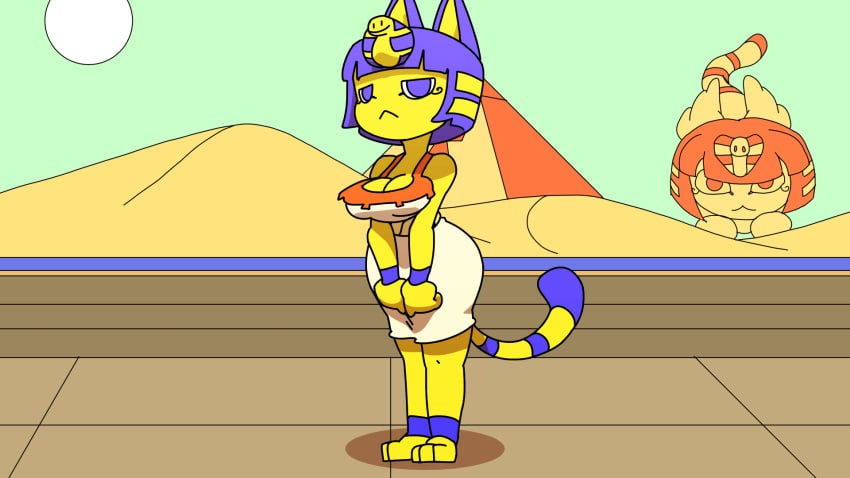 :< animal_crossing animated ankha ankha_(animal_crossing) big_breasts blue_eyes blue_pubic_hair bowedpath breasts cleavage clothed clothing felid feline felis female flexible fur furry furry_only heart-shaped_pubic_hair leg_lift leg_over_shoulder looking_at_viewer nintendo pawpads paws pink_pawpads presenting presenting_pussy pubic_hair pussy short_playtime standing tail thebombshell5 unamused yellow_body yoga_pose