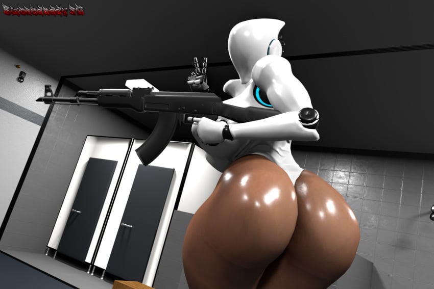 1girls ak-74 big_ass big_breasts big_butt breasts gun haydee haydee_(game) holding_weapon looking_back robot robot_girl smokedaddy solo solo_female solo_focus video_games