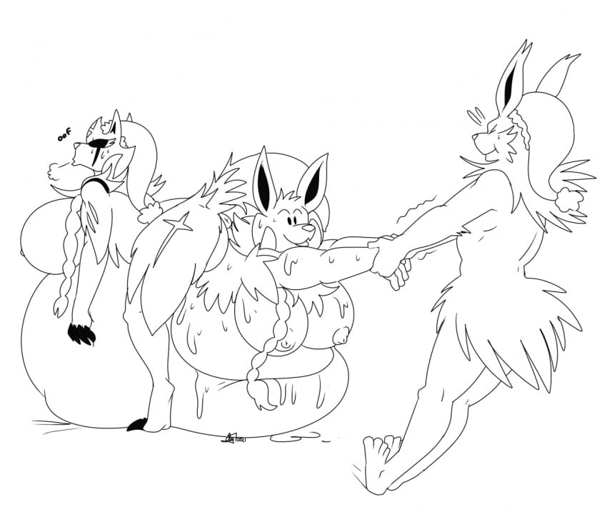 anthro anthrofied birthing canine christmas closed_eyes erect_nipples furry huge_breasts hyper hyper_pregnancy jolteon kneeling monochrome nelsonnoir pokemon pokemon_(species) pokemon_rgby pokemon_ss santa_hat tongue_out zacian