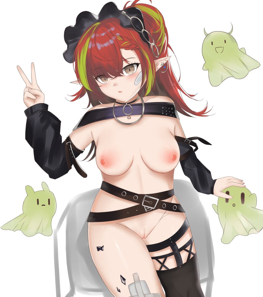 absurdres arknights bandage_on_knee bandaid bandaid_on_cheek bandaid_on_face bare_shoulders black_bonnet black_choker black_thighhighs blush bonnet braid breasts brown_eyes choker commentary_request detached_sleeves earrings female green_hair highres jewelry long_hair looking_at_viewer material_growth medium_breasts multicolored_hair nipples nude open_mouth oripathy_lesion_(arknights) pointy_ears puppet_dancer_(arknights) pussy red_hair simple_background single_thighhigh solo streaked_hair tecno_(arknights) thighhighs user_tln9665 v
