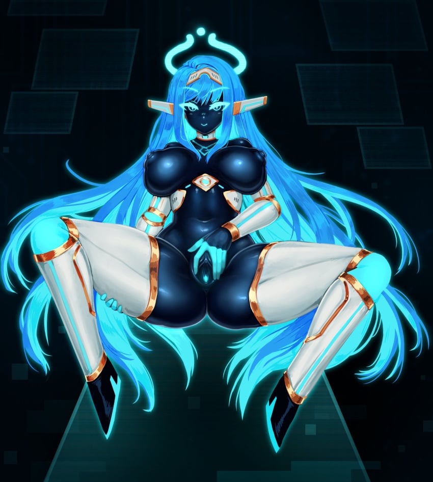 aqua_hair barbariank black_skin blue_hair blue_halo blue_pussy breasts breasts_apart choker colored_inner_hair colored_pussy colored_skin commentary english_commentary female halo highres large_breasts long_hair looking_at_viewer making-of_available multicolored_hair navel nipples original presenting_pussy robot_ears robot_girl smile solo spread_legs spread_pussy spreading_own_pussy tiara two-tone_hair uncensored very_long_hair white_choker