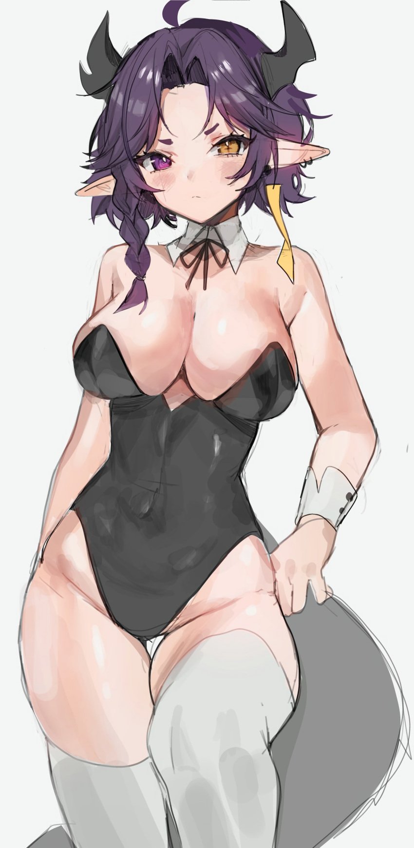 :&lt; ahoge angry_expression angry_female belly big_breasts big_thighs birthday_gift_artwork black_bodysuit black_bunnysuit blush blushes bodysuit bracer braid_hair breasts bunnysuit deleted_in_source demon demon_girl demon_horns dhoru_(vtuber) diamond_pupil different_eye_color ear_ring ear_rings ear_rings_on_elf_ear earrings elf_ears exposed_shoulders female female_looking_at_viewer female_only graduated_vtuber graduated_vtuber_artist heterochromia indie_virtual_youtuber juicy_breasts juicy_thighs long_socks looking_at_viewer milkers neckwear one_braided_hair purple_blush purple_blushes purple_eye purple_hair reflection reflective_body reflective_clothing reflective_hair rgrk shadow shadow_background short_eyebrows short_hair short_hair_female sleek_body slim_arms socks thick_body thighs upscaled upset vtuber vtuberfanart waifu2x white_background white_body white_bracer white_long_socks white_neckwear white_skin white_skinned_female white_socks yellow_eye yuniiho