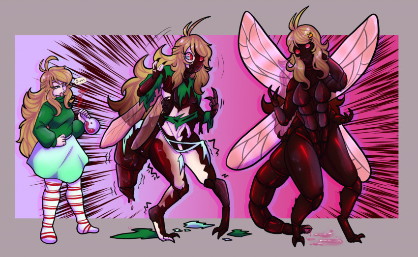 2_toes anthro arthropod arthropod_abdomen bittybattybunny bodily_fluids bottomwear breasts claws clothed clothing dragonfly drinking featureless_breasts feet female flask fully_clothed growth hair human human_to_anthro insect_wings insects legwear long_hair mammal multi_arm multi_limb no_nipples non-mammal_breasts nude pattern_clothing pattern_legwear pattern_stockings potion skirt solo species_transformation stockings striped_clothing striped_legwear striped_stockings stripes toes torn_clothing transformation wardrobe_malfunction wings