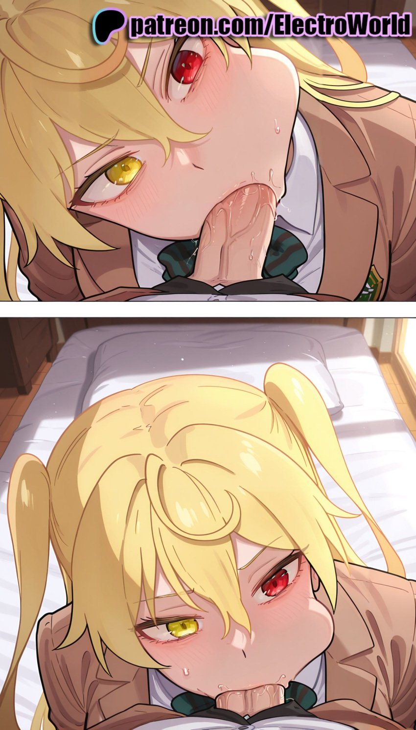 1girls 2025 2girls :>= ai_generated artist_name blonde_hair blowjob blowjob_face blush brown_jacket cheek_bulge cock deepthroat desk dick electroworld eyebrows_visible_through_hair fellatio female green_bow green_necktie green_neckwear green_ribbons hair_between_eyes heterochromia hi_res high_quality high_resolution highres irrumatio jacket licking long_hair maou_2099 mole_under_eye multiple_fellatio multiple_girls oral oral_sex patreon patreon_username penis pleated_skirt pov red_eyes school_uniform stable_diffusion straight sucking testicle_sucking under_the_table watermark yamada-reynard_hizuki yellow_eyes
