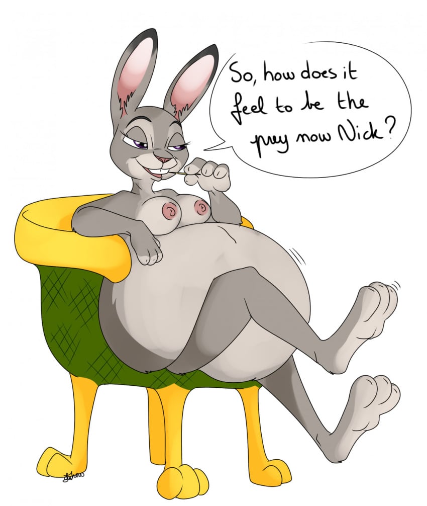 anthro chair disney english_text eyelashes female female_focus furry grey_fur judy_hopps large_breasts medium_breasts nelsonnoir nick_wilde nipples purple_eyes rabbit sitting toothpick vore zootopia