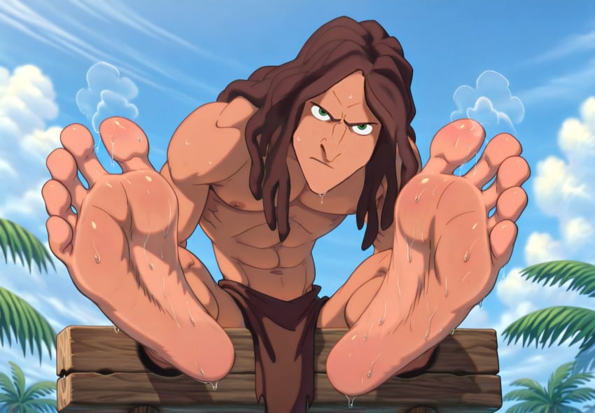 ai_generated barefoot bound_arms bound_legs brown_hair captured defeated_hero disney dreadlocks green_eyes jungle long_hair male male_feet male_only muscular muscular_male outdoors punishment stocks sweaty sweaty_feet tan_skin tarzan_(1999_film) tarzan_(character) tropical