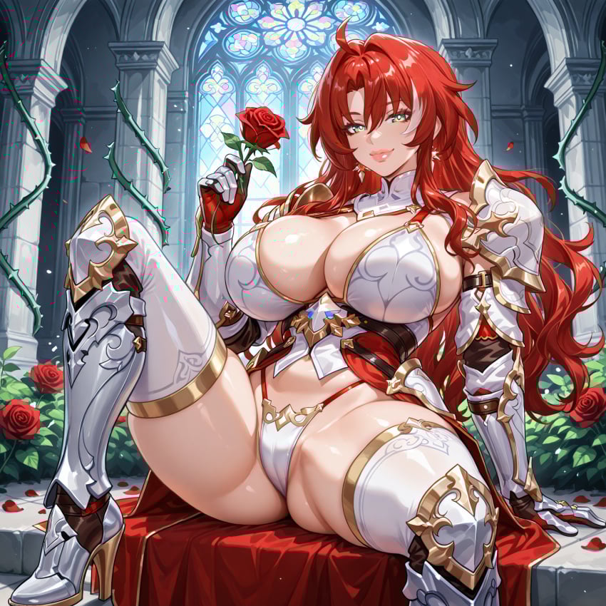 ai_generated argenti_(honkai:_star_rail) armor armored_bikini armored_boots armored_female armored_gloves big_ass big_breasts big_butt big_lips bikini bikini_top bimbo gachareverse genderswap_(mtf) green_eyes holding_object holding_rose honkai:_star_rail long_hair red_hair rose rose_(flower) rule_63 shoulder_armor smiling