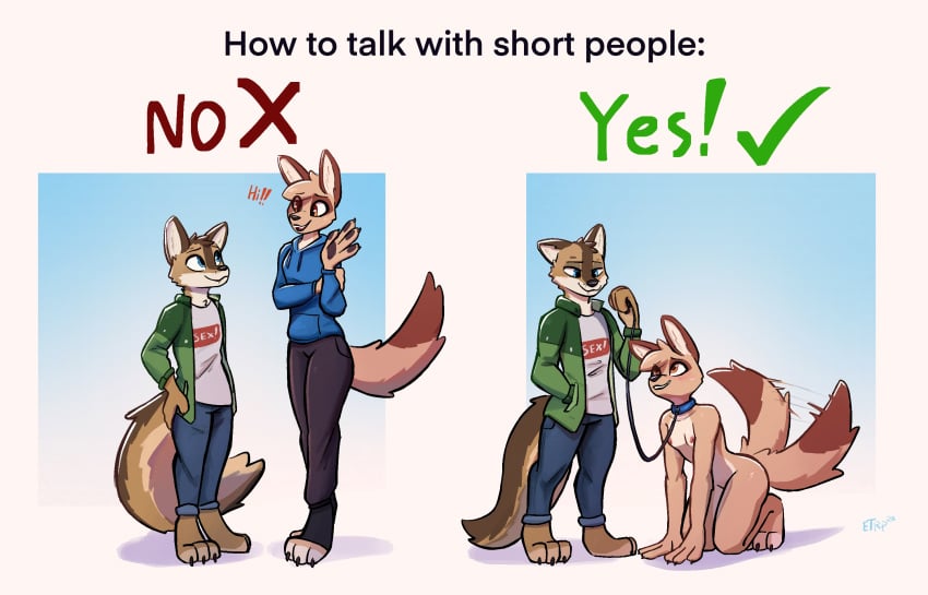 anthro canid canine canis collar coyote enginetrap female furry leash male moses_(samur_shalem) naked nude shorter_male shorter_male/taller_female size_difference submissive tail tail_wagging taller_female