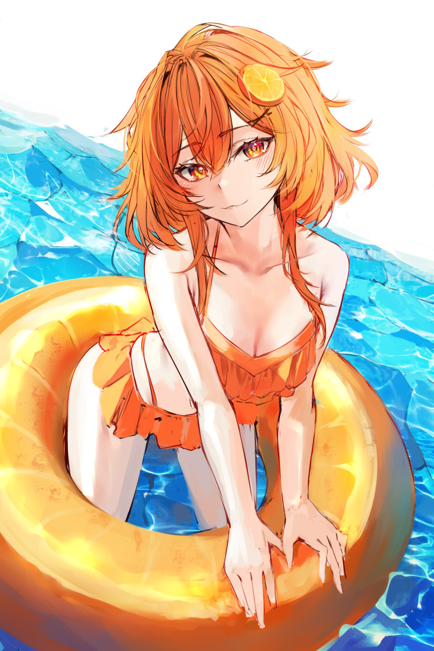 1girls bikini bikini_bottom bikini_top blush_lines cleavage fruit_humanoid fruit_in_hair ginga_elyka indie_virtual_youtuber inflatable kaheru looking_at_viewer medium_breasts naokomama orange_(fruit) orange_eyes orange_hair small_breasts solo solo_female solo_focus swim_ring swimsuit swimwear virtual_youtuber water