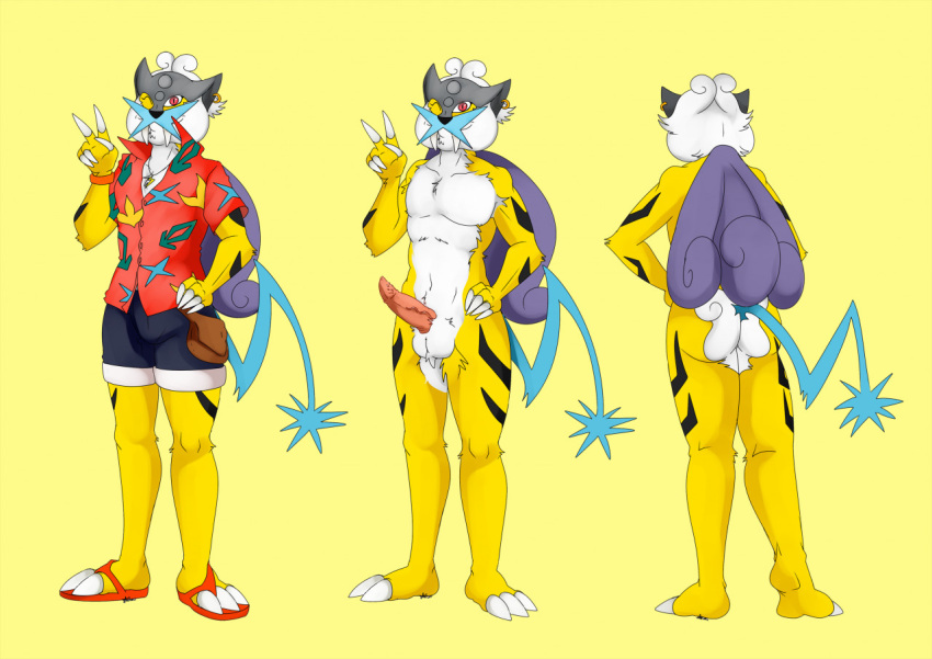 anthro anthrofied claws earring erection fangs feline furry hawaiian_shirt male male_only nelsonnoir peace_sign pokemon pokemon_gsc raikou sandals shorts white_hair wink yellow_fur