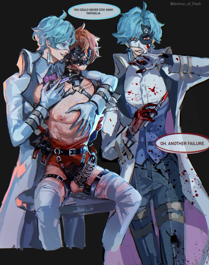 2022 2boys archon_of_flesh artist_signature blindfold blood blue_hair bondage chastity chastity_cage childe_(genshin_impact) dialogue dominant_male dottore_(genshin_impact) dubious_consent english_text face_harness gag gay genshin_impact harness humiliation light_blue_hair male maledom malesub orange_hair penis questionable_consent smiling speech_bubble submissive_male syringe tartaglia_(genshin_impact) yaoi