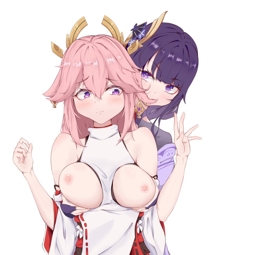 2girls absurdres animal_ears bangs bare_shoulders biting blush breast_grab breast_hold breasts breasts_out bridal_gauntlets collarbone commentary_request crossed_bangs detached_sleeves ear_biting earrings eyebrows_visible_through_hair female floppy_ears flower fox_ears genshin_impact grabbing grabbing_from_behind groping hair_between_eyes hair_flower hair_ornament highres japanese_clothes jewelry kimono long_hair looking_at_another looking_at_viewer medium_breasts mixed-language_commentary multiple_girls nipples nontraditional_miko pink_hair purple_eyes purple_flower purple_hair purple_kimono qingshuisi_yu_ji raiden_shogun ribbon-trimmed_sleeves ribbon_trim shirt simple_background sleeveless sleeveless_shirt turtleneck upper_body very_long_hair vision_(genshin_impact) white_background white_shirt wide_sleeves yae_miko yuri