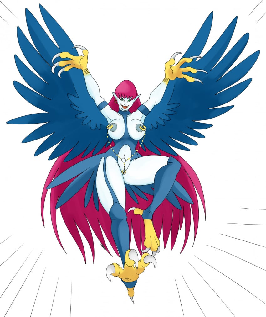 duel_monster earrings erect_nipples female genital_piercing green_eyes grey_skin harpie_lady harpy large_breasts long_hair nelsonnoir nipple_piercing open_mouth piercing pointy_ears red_hair solo talons wings yu-gi-oh! yu-gi-oh!_duel_monsters