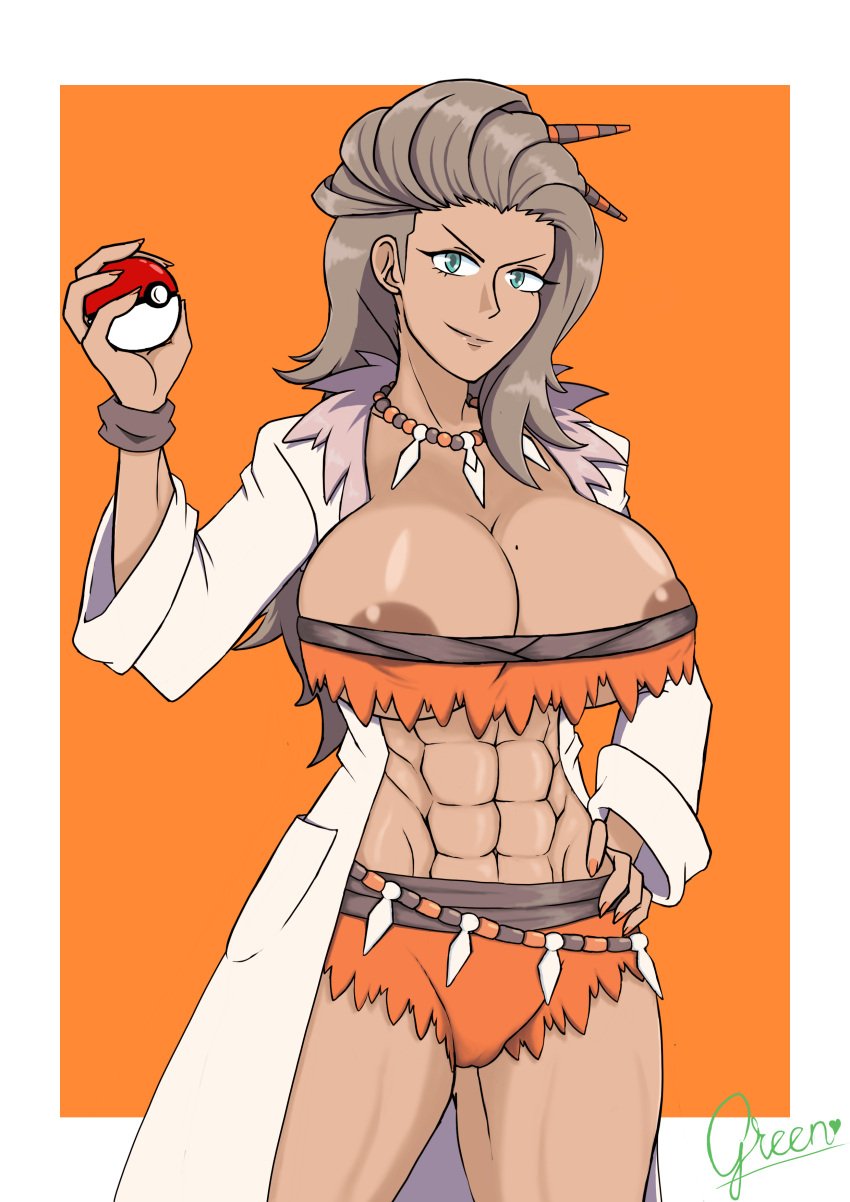 1girls abs aqua_eyes areola_slip areolae big_breasts brown_hair brown_nipples greenlove labcoat looking_at_viewer milf mole_on_breast muscular_female necklace orange_nails pokeball pokemon pokemon_professor pokemon_sv professor_sada_(pokemon) simple_background solo standing tanned_female tanned_skin torn_clothes