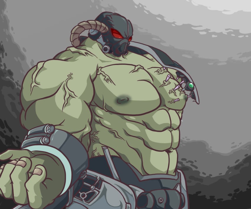 1boy bethesda_softworks cybernetics fallout frank_horrigan gay injection muscular mutant nightmare_husbando power_armor squatting toned video_game_character wheatwesley