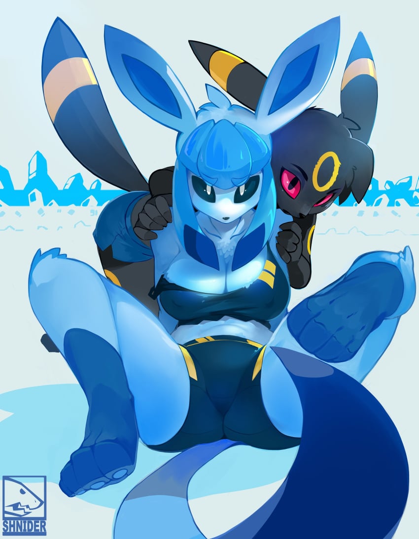 anthro artist_logo artist_name big_breasts blue_eyes breasts eeveelution female glaceon hands_on_shoulders looking_at_viewer paws pokémon_(species) pokemon red_eyes shnider spread_legs tagme tail umbreon