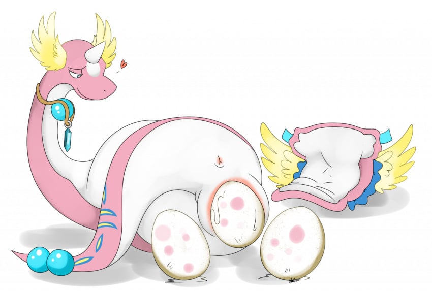 diaper dragon dragonair egg egg_laying eggs furry heart navel necklace nelsonnoir pink_scales pokemon pokemon_rgby scalie serpentine