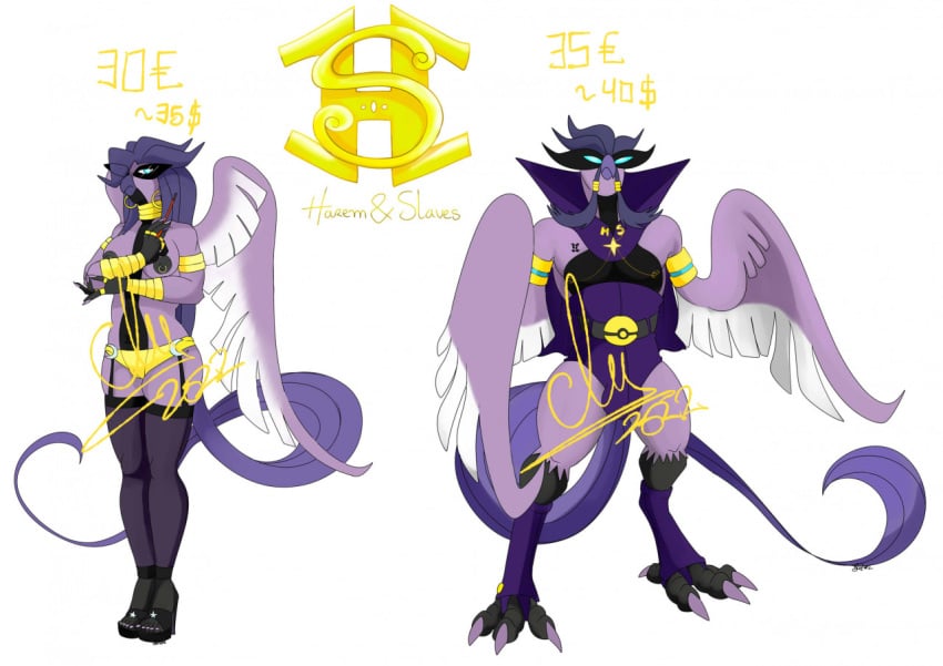 1boy 1girls anthro anthrofied articuno avian beak blue_eyes freezer_(pokemon) furry galarian_articuno galarian_freezer garter_belt hoop_earrings large_breasts nelsonnoir nipple_piercing pokemon pokemon_(species) pokemon_rgby pokemon_ss purple_fur purple_hair thighhighs wings