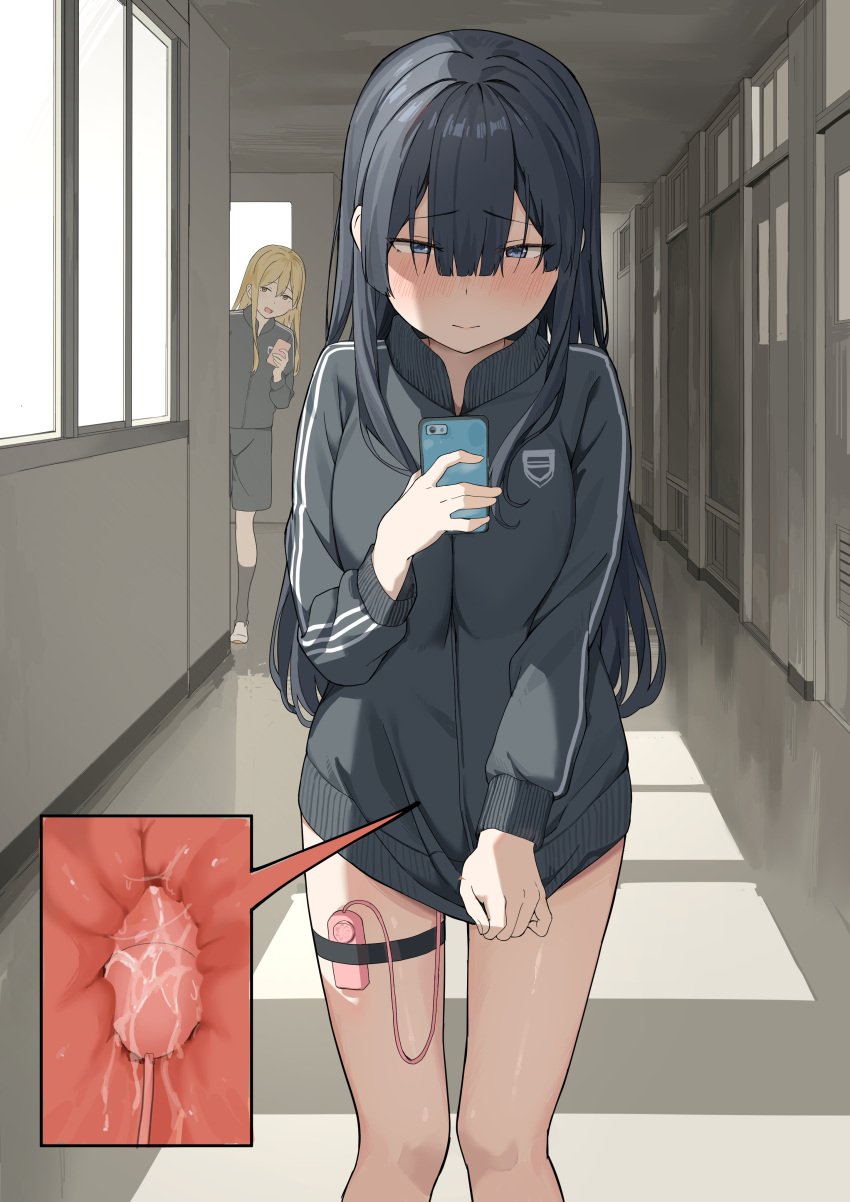 2girls absurdres bangs black_hair black_jacket black_legwear black_shorts blonde_hair blue_eyes blunt_bangs blush bottomless breasts cellphone closed_mouth commentary_request controller cross_section day door egg_vibrator embarrassed flat_chest gym_uniform hair_between_eyes half-closed_eyes hallway hand_up happy highres holding holding_phone indoors jacket kneehighs lemontyoisy_r18 long_hair looking_at_viewer medium_breasts multiple_girls nose_blush open_mouth original peeking_out phone public_indecency pussy_juice remote_control remote_control_vibrator sex_toy shiny shiny_hair shoes shorts sidelocks smartphone smile solo_focus split_mouth standing straight-on textless_version thigh_strap track_jacket vibrator vibrator_cord white_footwear window yellow_eyes