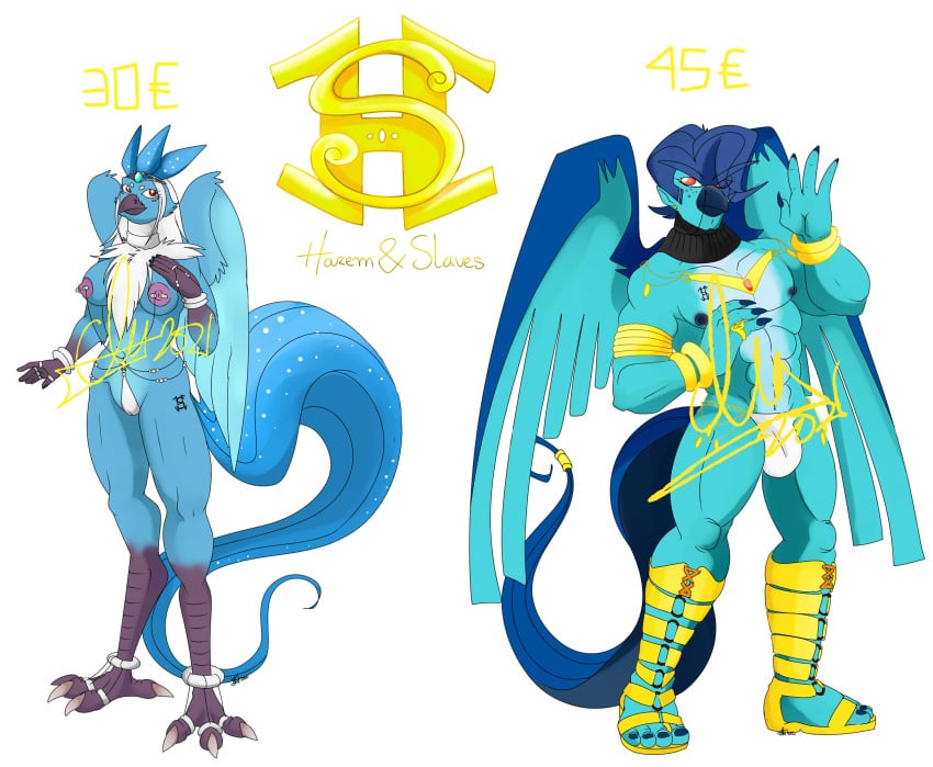 1boy 1girls adoptable anthro anthrofied articuno avian beak blue_feathers blue_hair cameltoe furry large_breasts muscular nelsonnoir nipple_piercing pokemon pokemon_(species) pokemon_rgby red_eyes sandals tail wings