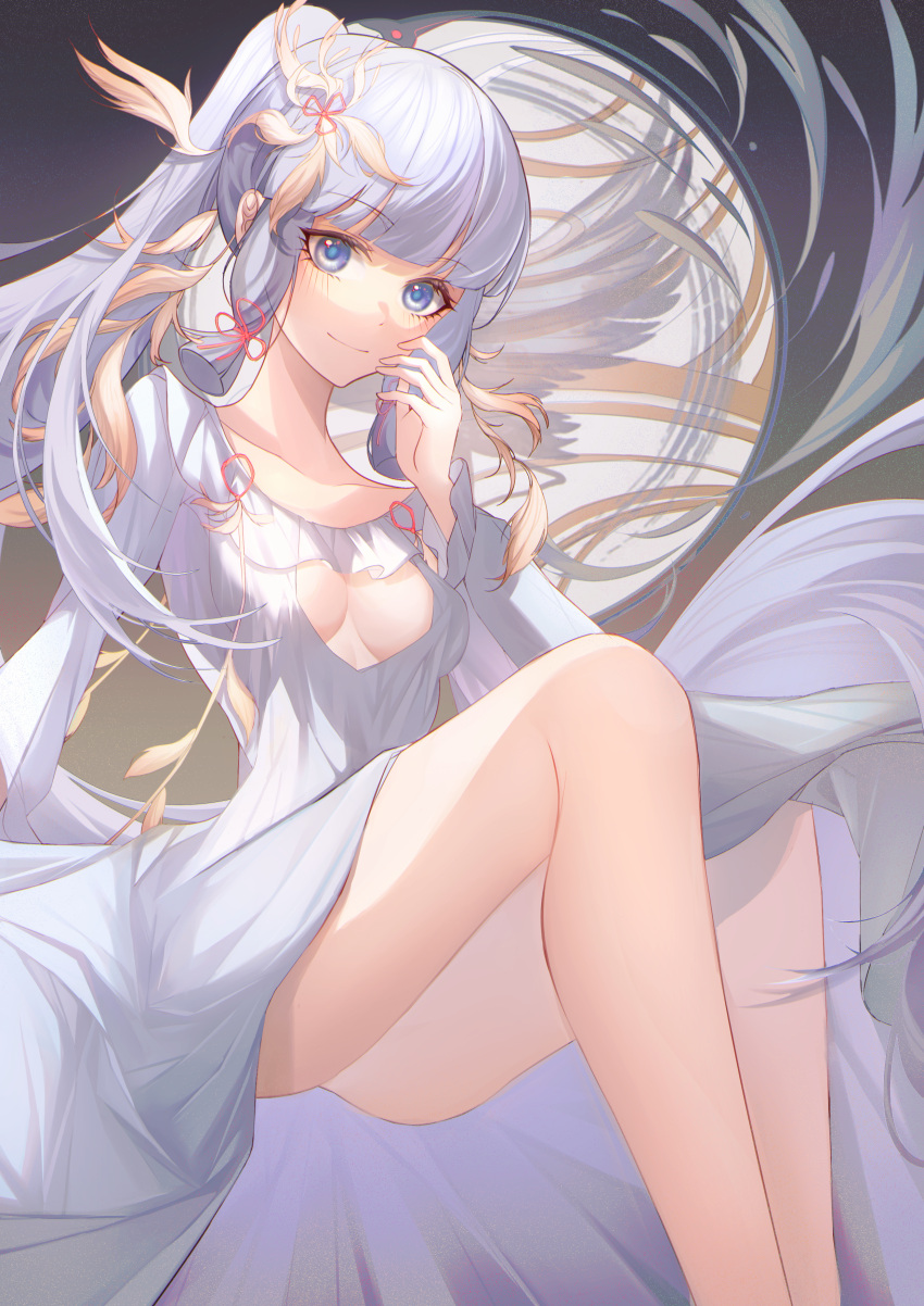 1girls akochan aqua_eyes aqua_hair boob_window breasts calves collarbone cutout dress female female_only genshin_impact hand_to_face happy highres kamisato_ayaka legs light-skinned_female long_dress long_hair looking_at_viewer medium_breasts ponytail sitting smile solo thighs white_hair