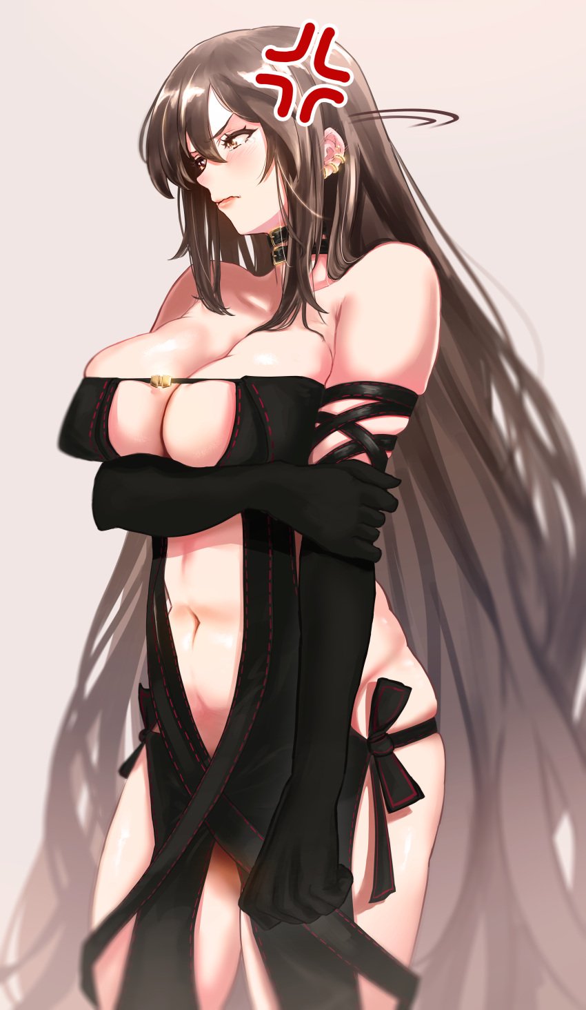 1girls aguno angry arm_under_breasts blush breast_lift breasts brown_eyes brown_hair choker cleavage dress ear_studs earrings fate/grand_order fate_(series) gloves jewelry large_breasts light-skinned_female light_skin long_hair midriff navel opera_gloves party_dress pierced_ears revealing_clothes slutty_outfit strap_dress thick_thighs thighs very_long_hair yu_mei-ren_(fate)