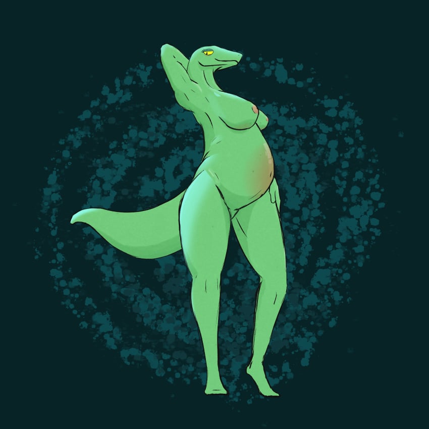 absurd_res anthro belly blush female hi_res muscular navel nude pinup pose pregnant pregnant_female reptile scalie snake solo teasing thick_tail thick_thighs wurzzie