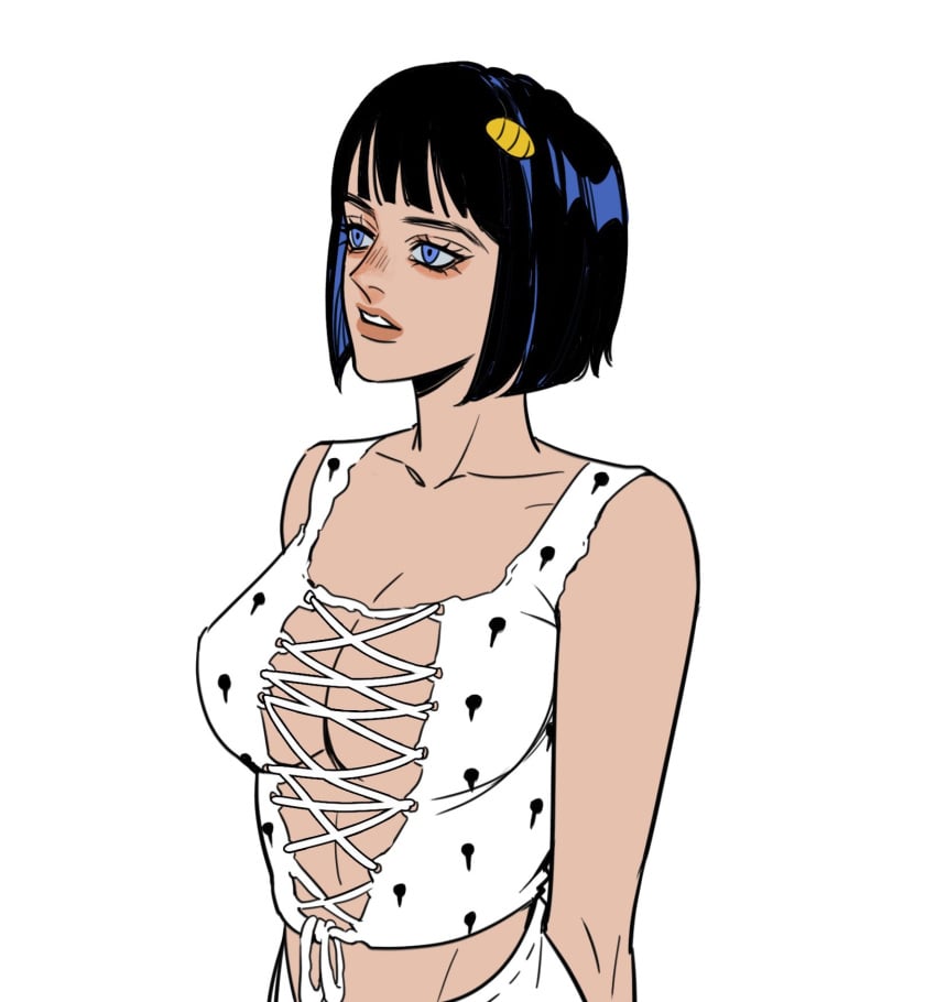 black_hair blue_eyes bruno_buccellati free_space hair_ornament jojo's_bizarre_adventure libokekekeo rule_63 sfw short_hair vento_aureo white_background white_clothing