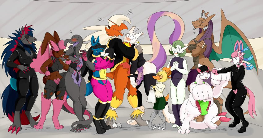 2019 anthro avian black_fur black_scales black_sclera blaziken blue_fur blush brown_fur charizard cleavage closed_eyes combusken eyepatch furry gardevoir happy hugging large_penis lopunny lucario lugia mega_lopunny mewtwo nelsonnoir nintendo open_mouth orange_feathers pokemon pokemon_(species) pokemon_bw pokemon_dppt pokemon_rse pokemon_sm pokemon_xy red_eyes salazzle sylveon tail veiny_penis wings zoroark