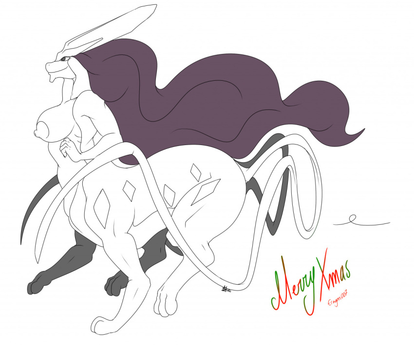 anthro anthrofied centaur christmas female furry large_breasts long_hair monochrome nelsonnoir pokemon pokemon_(species) pokemon_gsc ribbon smile solo suicune tail very_long_hair