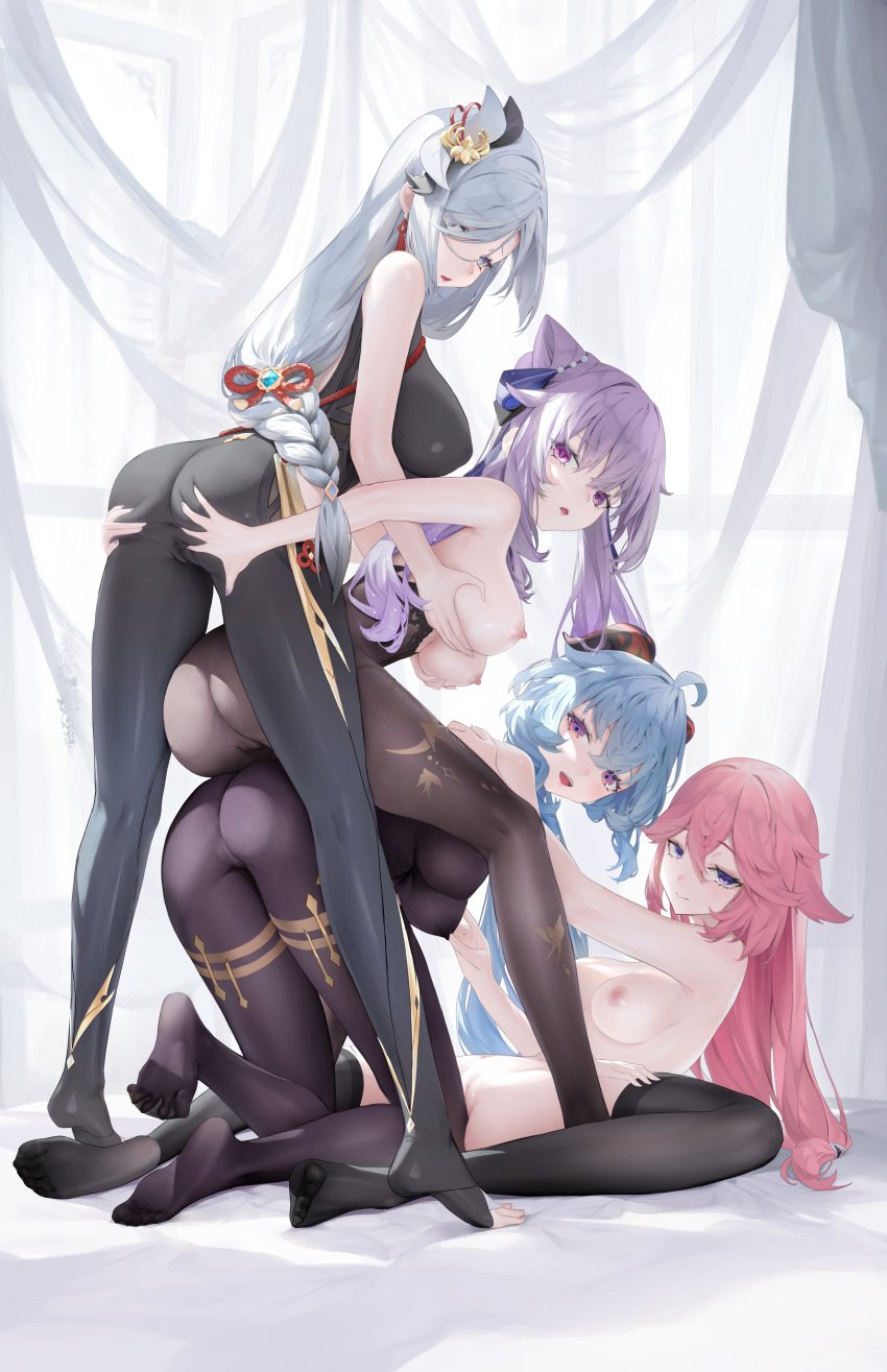 4girls absurdres ahoge alternate_costume animal_ears aqua_eyes ass ass_grab ass_squeeze bangs bare_arms black_legwear blue_hair blush bodystocking bodysuit breast_grab breasts cameltoe commentary_request cone_hair_bun curtains eyebrows_visible_through_hair feet female female_only fox_ears from_behind ganyu_(genshin_impact) genshin_impact gold_trim grabbing hair_bun hair_over_one_eye haku89 highres horns keqing_(genshin_impact) keqing_(opulent_splendor)_(genshin_impact) kneeling long_hair looking_at_viewer lying medium_breasts multiple_girls nail_polish nipples no_shoes on_back open_mouth pantyhose parted_lips pink_hair purple_eyes purple_nails pussy pussy_peek revision shenhe_(genshin_impact) shiny_pantyhose shirt sideboob sidelocks smile soles squeezing_ass squeezing_butt standing thigh_grab thighhighs thighlet thighs toeless_legwear toes twintails underboob vision_(genshin_impact) white_shirt yae_miko yuri