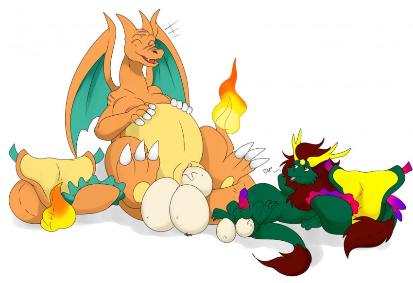 charizard closed_eyes diaper egg egg_laying eggs female_focus furry large_breasts nelsonnoir original_character penis pokemon pokemon_(species) pokemon_rgby pregnant pussy scalie