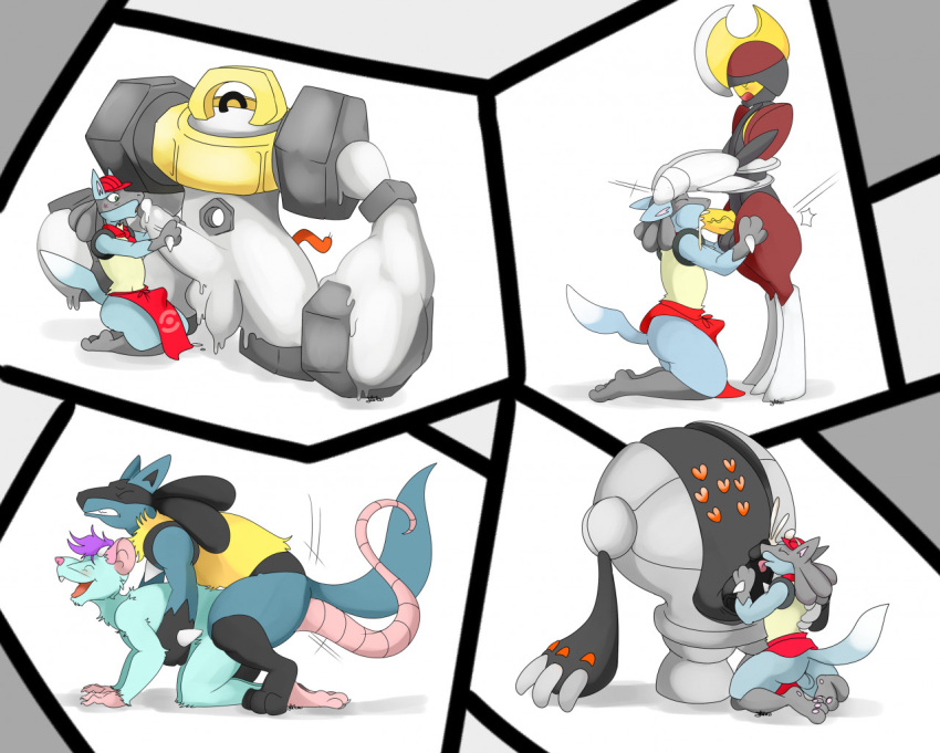 6boys anal anal_sex anthro bisharp blue_fur closed_eyes cum erection erection_under_clothes furry gay lucario male male_only melmetal nelsonnoir oral pokemon pokemon_(species) pokemon_bw pokemon_dppt pokemon_lgpe pokemon_rse rat registeel slime tail yaoi