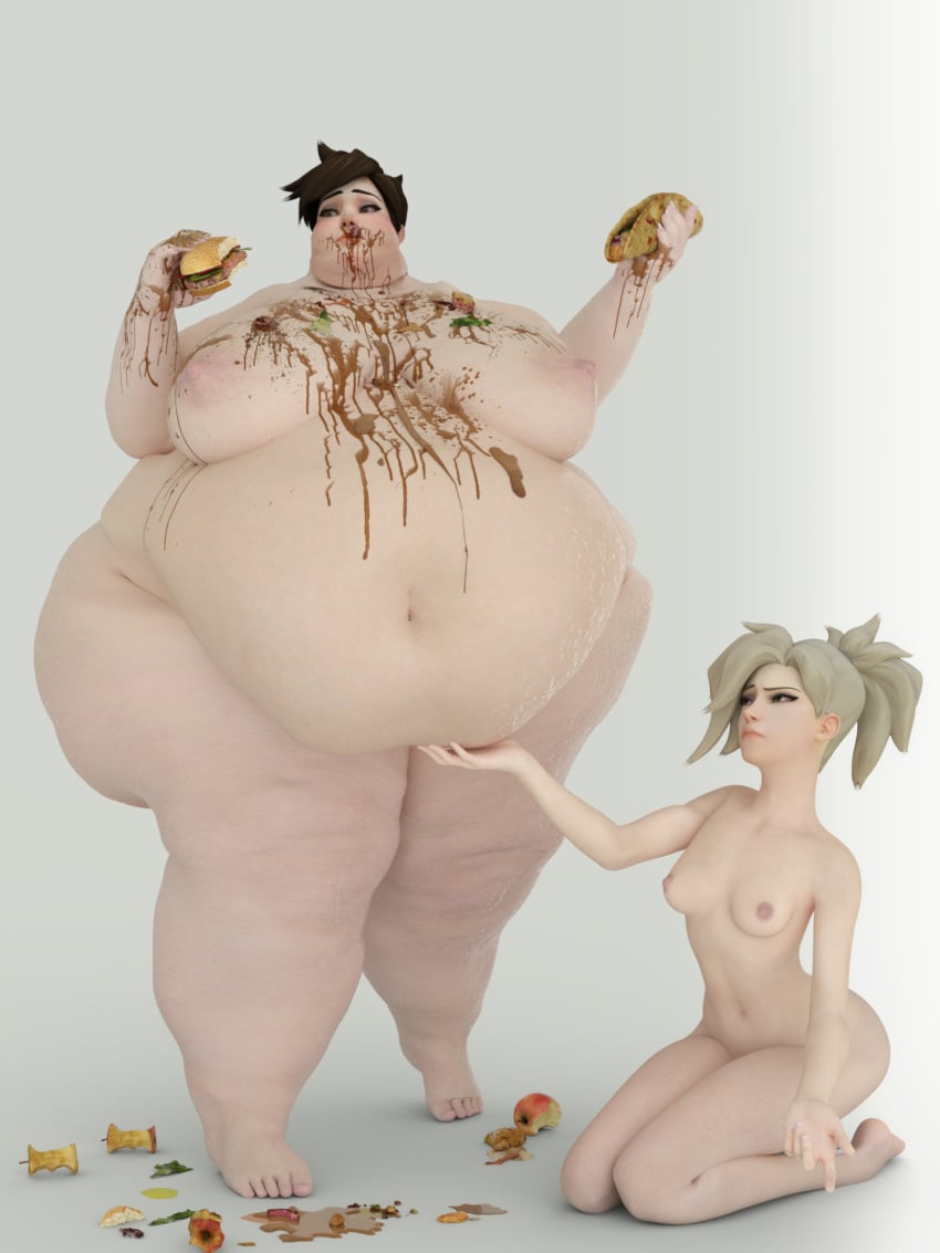 2girls 3d bbw belly big_belly big_breasts breasts eating fat female food food_stains mercy morbidly_obese nipples obese overwatch overweight persondudemanguy slob ssbbw tracer weight_gain