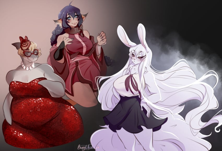 3girls big_breasts breasts bunnywhiskerz carrot_(one_piece) female female_only furry furry_female looking_at_viewer one_piece plump red_dress sulong sulong_carrot