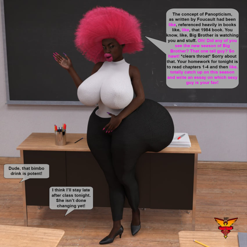 1girls 3d afro bad_anatomy bimbo bimbofication dark-skinned_female dark_skin female female_only huge_ass huge_breasts mpcreativearts school solo teacher