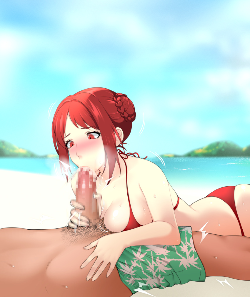 1boy 1girls alternate_costume ass beach bikini blush braided_bun breasts censored cleavage cum cum_in_mouth cum_on_face dip_art ejaculation fellatio female female_focus fire_emblem fire_emblem:_three_houses handjob heavy_breathing large_breasts male monica_von_ochs mosaic_censoring motion_lines nintendo ocean oral outdoors penis_grab red_bikini red_eyes red_hair red_swimsuit sand seaside short_hair skindentation smile solo_focus straight sweat swimsuit water