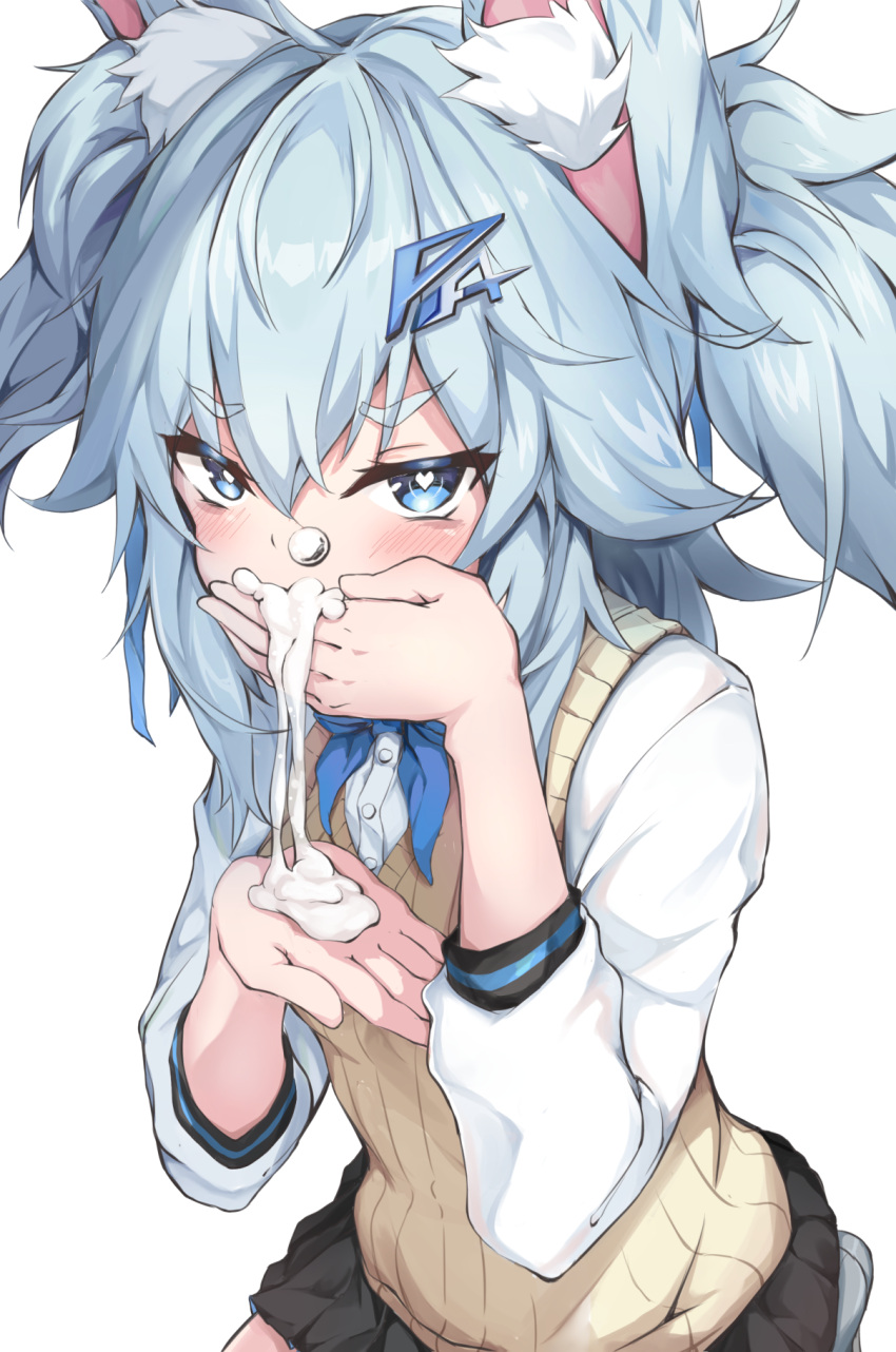 1girls alternate_version_available angry animal_ear_fluff animal_ears bangs blue_bow blue_eyes blue_hair blue_neckwear blush bow bubble cat_ears covering_mouth cum_overflow dress_shirt eyebrows_visible_through_hair female fluffy_ears fully_clothed girls'_frontline hair_between_eyes hair_ornament heart heart-shaped_pupils highres ky_(ky990533) light_blue_hair long_sleeves looking_at_viewer mouthful nose_bubble official_alternate_costume pa-15_(girls'_frontline) pleated_skirt pulque short_hair signature skirt solo solo_female solo_focus suggestive_fluid sweater_vest two_side_up watermark white_background white_shirt